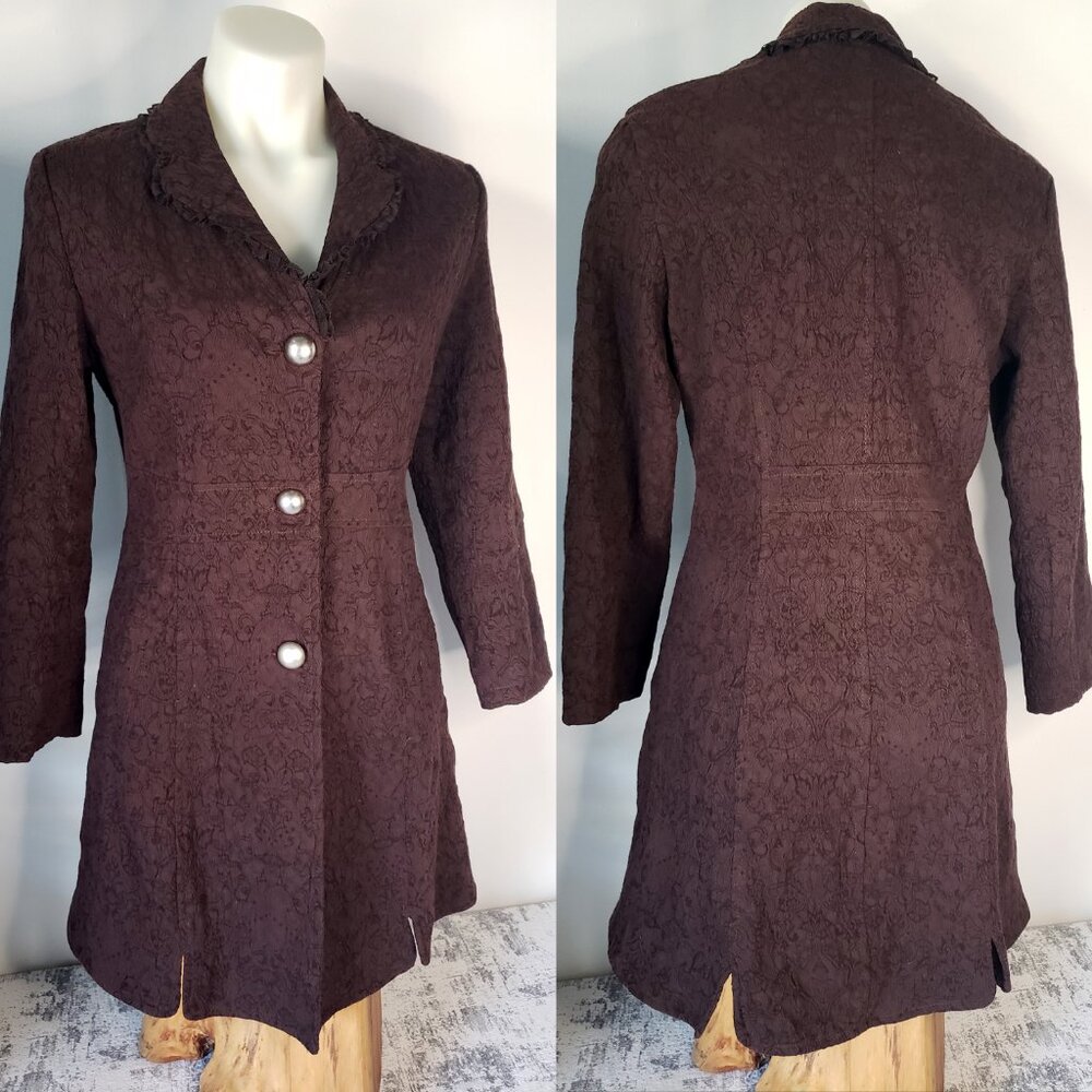 Burgundy Chocolate Brown Lace Victorian Brocade Long Military Coat